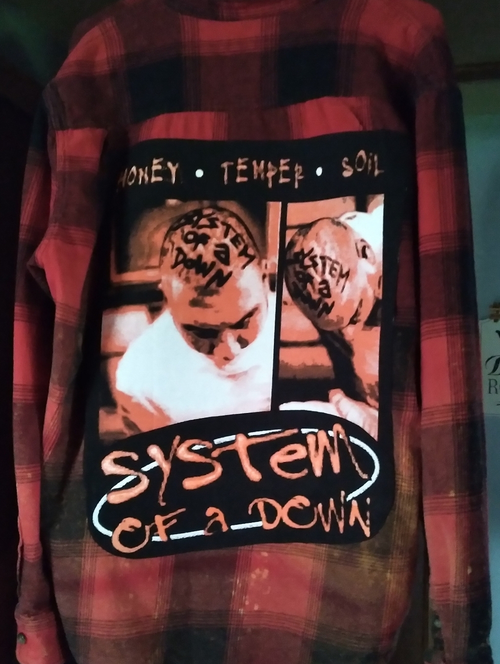 Upcycled Bleached Flannel Shirt W/ Custom SYSTEM OF A DOWN back Patch